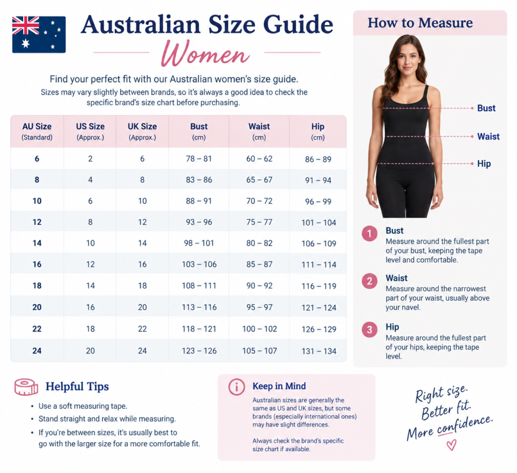 Australian Size Guide Women: Complete Clothing, Shoe & Measurement ChartMeta australian size guide women
